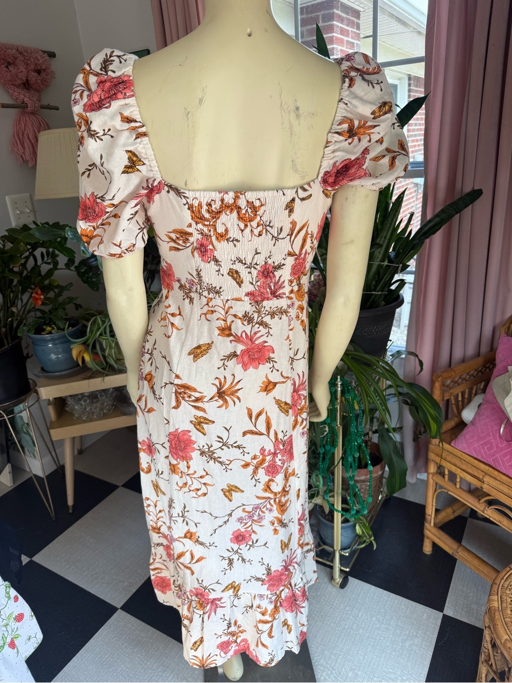 Cottage core Floral Puff-Sleeve Midi Dress -linen size 6 floaty romantic flowy